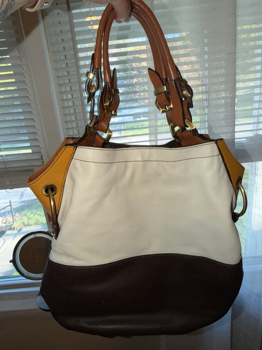 ORYany 3-Tone Leather Tote Bag in Cream, Tan and Brown- long strap not included